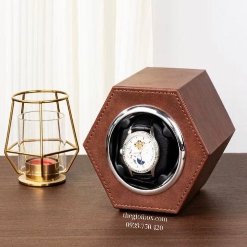 Hộp Để Đồng Hồ Cơ 1 Ngăn Xoay Không Nắp Vỏ Da Hình Lục Giác - CW147