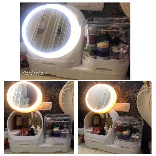 Kệ Trang Điểm Để Bàn Có Gương LED - Quạt Gió - Nắp Chống Bụi - Mã TGQ37