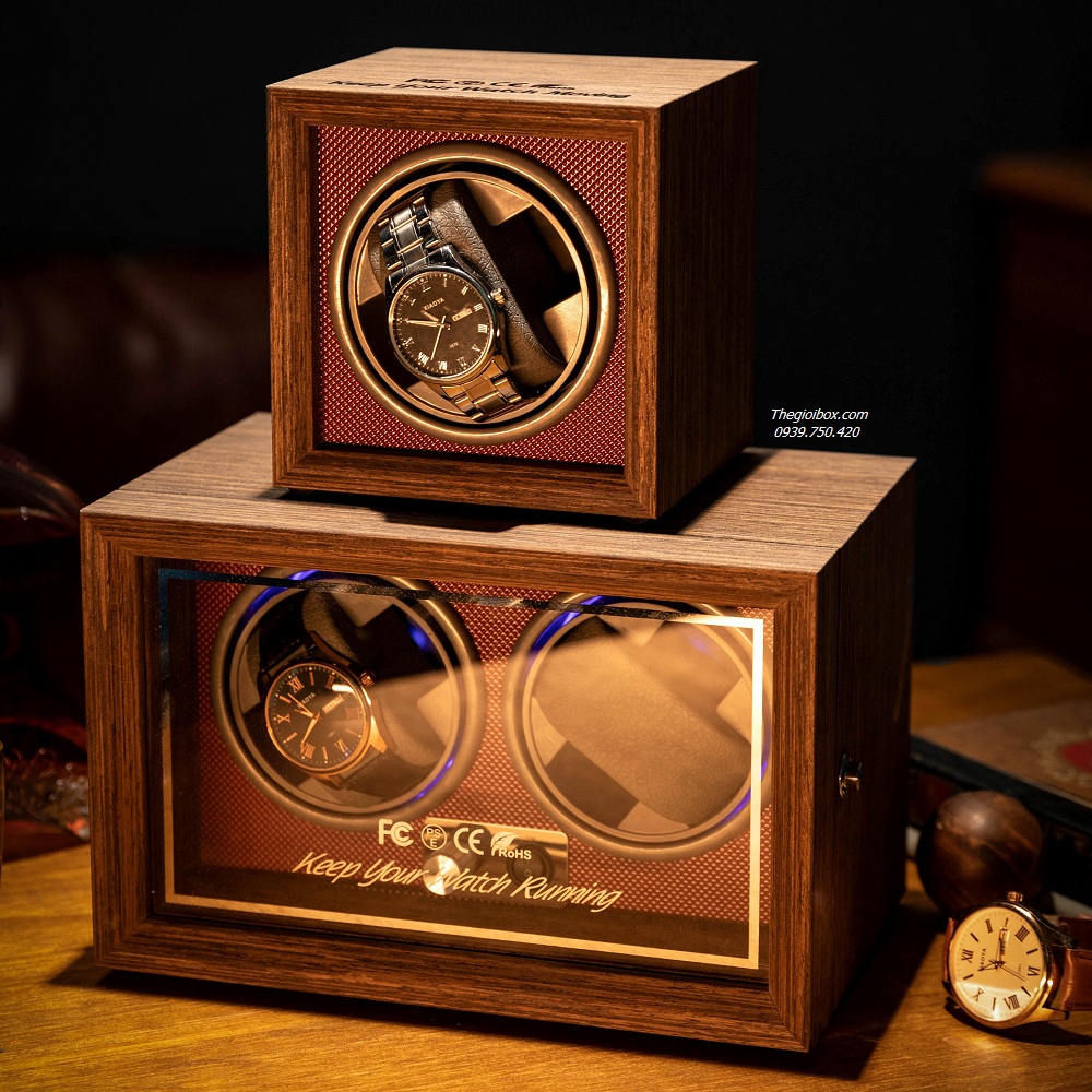 Tủ hộp đồng hồ tự động xoay 4 ngăn vỏ gỗ lót gỗ vân kim cương cao cấp