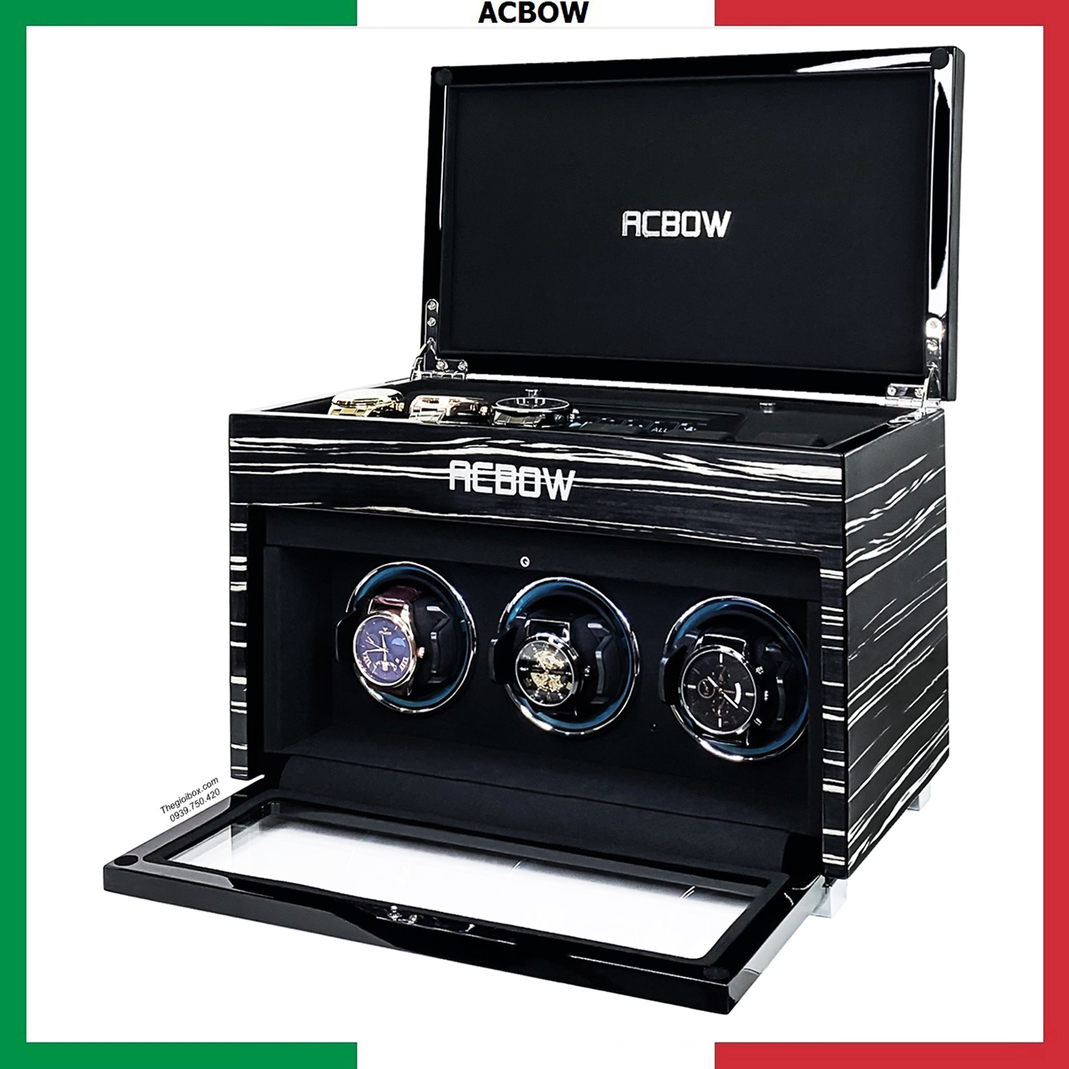 Tủ - Hộp đựng đồng hồ cơ ACBOW cao cấp - 3 xoay 6 tĩnh - kèm remote, màn hình cảm ứng và LED - vỏ gỗ màu granite sáng bóng