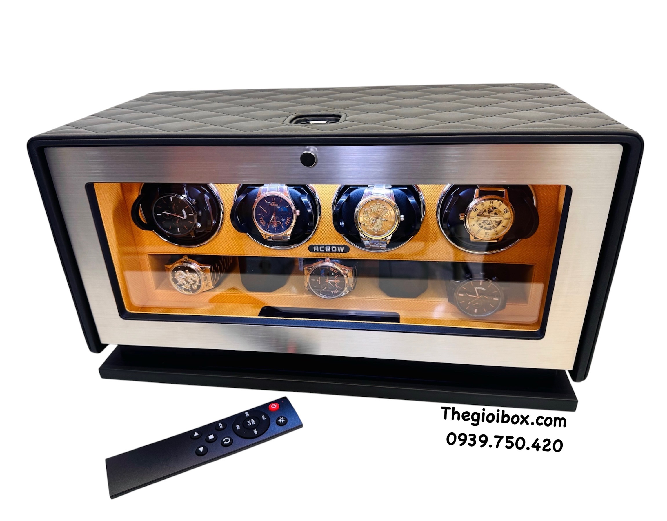 hộp đồng hồ xoay ACBOW cao cấp 4 ngăn xoay 5 ngăn tĩnh khóa vân tay màn hình ứng có remote