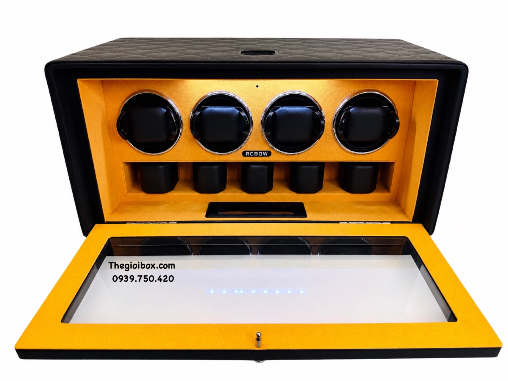 hộp đồng hồ xoay ACBOW cao cấp 4 ngăn xoay 5 ngăn tĩnh khóa vân tay màn hình ứng có remote