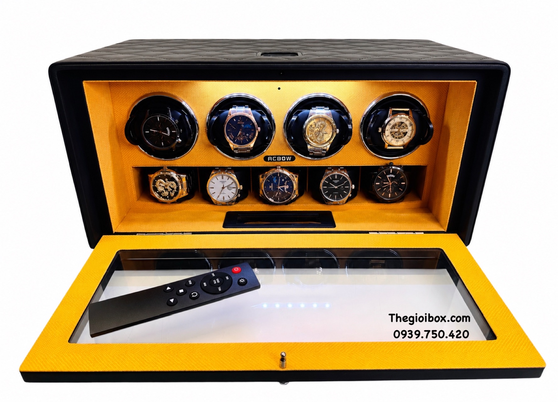 hộp đồng hồ xoay ACBOW cao cấp 4 ngăn xoay 5 ngăn tĩnh khóa vân tay màn hình ứng có remote