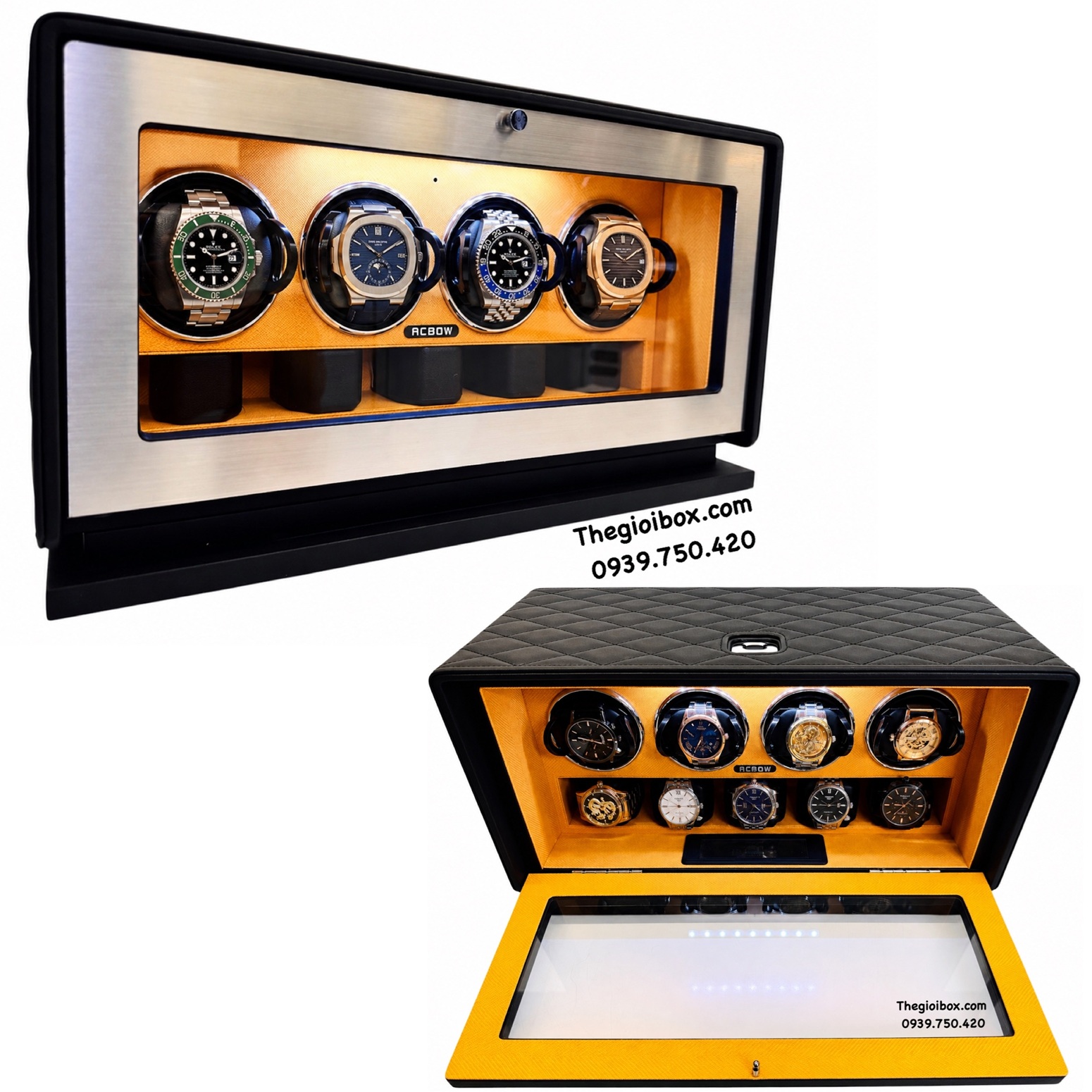 hộp đồng hồ xoay ACBOW cao cấp 4 ngăn xoay 5 ngăn tĩnh khóa vân tay màn hình ứng có remote