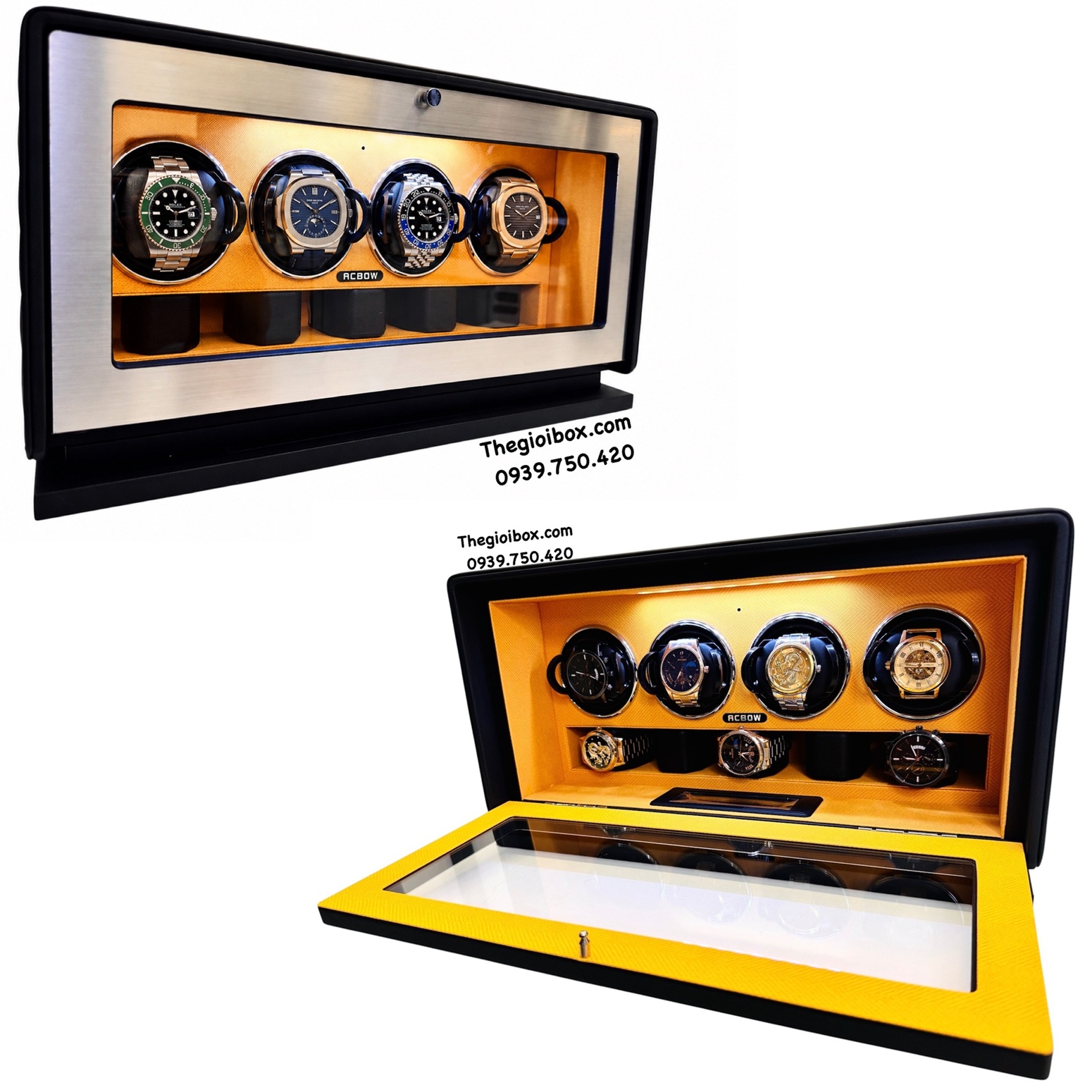 hộp đồng hồ xoay ACBOW cao cấp 4 ngăn xoay 5 ngăn tĩnh khóa vân tay màn hình ứng có remote
