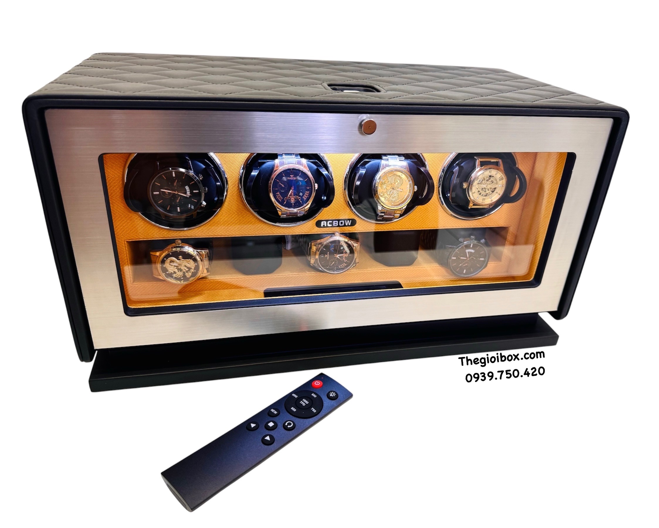 hộp đồng hồ xoay ACBOW cao cấp 4 ngăn xoay 5 ngăn tĩnh khóa vân tay màn hình ứng có remote