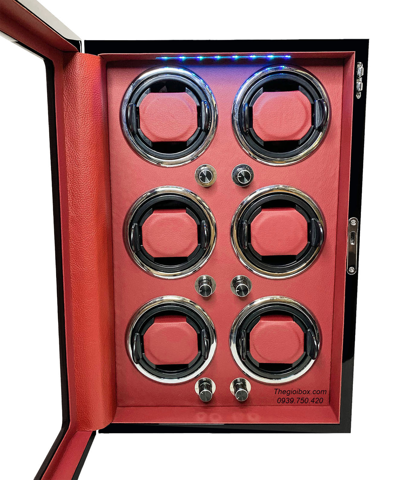 Tủ đựng đồng hồ cơ 6 ngăn xoay vỏ gỗ nội thất da đỏ có đèn có khóa cao cấp
