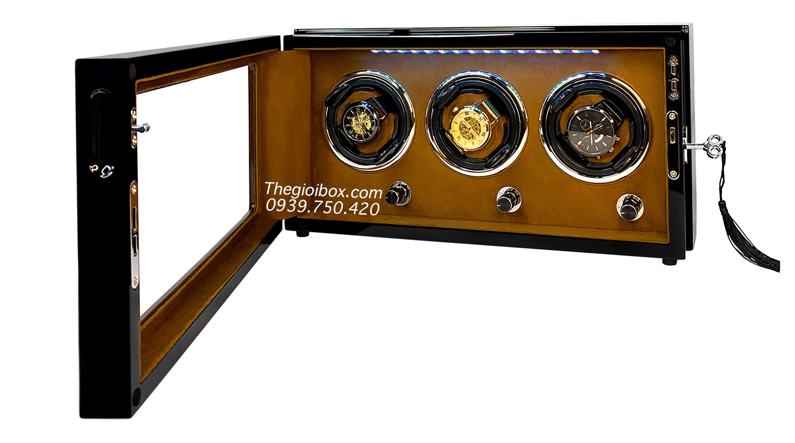 Hộp tủ đựng đồng hồ cơ ACBOW 3 ngăn tự xoay vỏ gỗ nội thất nỉ nhung có đèn LED và khóa tủ cao cấp