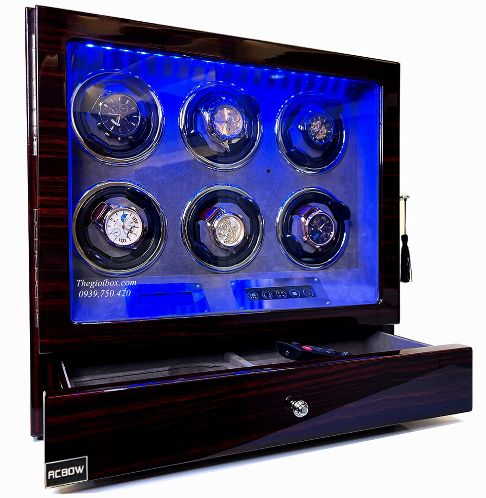 Két-Tủ đựng 6 đồng hồ cơ ACBOW vỏ gỗ lót da PU vân carbon kèm remote + ngăn kéo + màn hình + đèn LED cao cấp