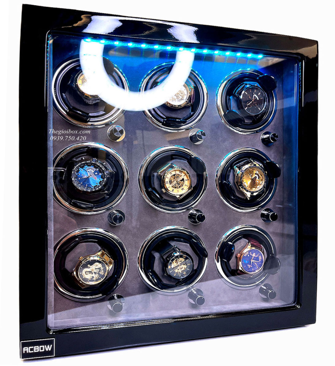 Tủ-Két xoay 9 đồng hồ cơ ACBOW có ổ khoá vân tay + đèn LED nội thất nhung xám cao cấp