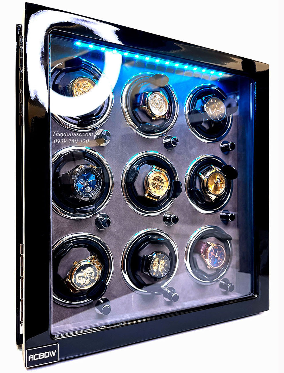 Tủ-Két xoay 9 đồng hồ cơ ACBOW có ổ khoá vân tay + đèn LED nội thất nhung xám cao cấp