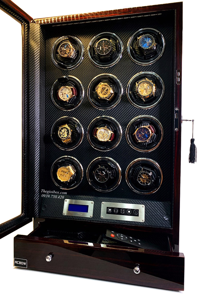 Tủ-Két để 12 đồng hồ cơ ACBOW có ngăn kéo + đèn LED + màn hình cảm ứng + remote + ổ khoá