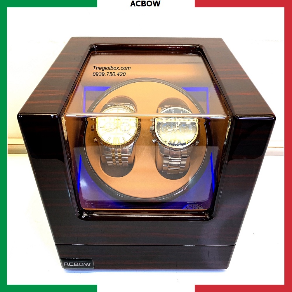 hộp đồng hồ xoay cơ 2 ngăn vỏ gỗ đèn LED ACBOW cao cấp