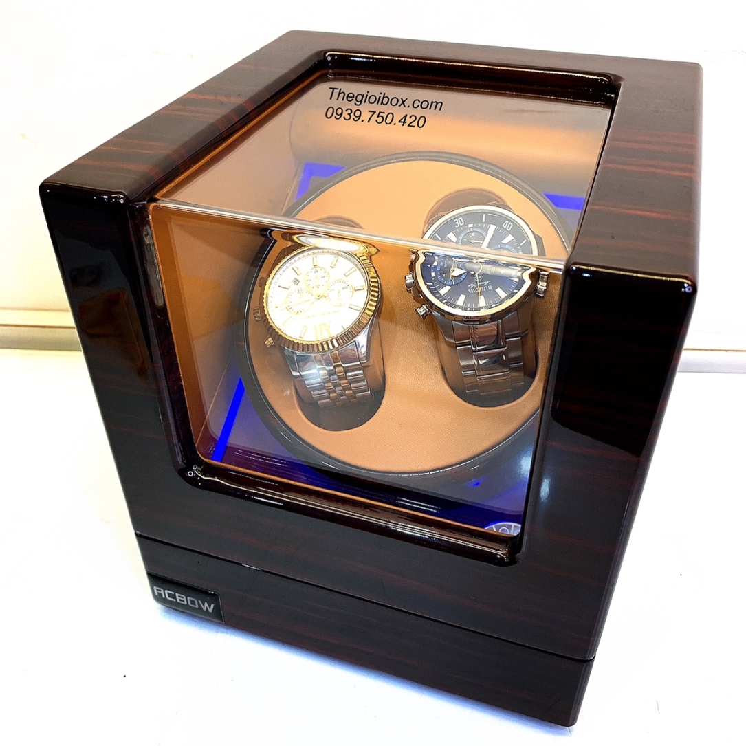 hộp đồng hồ xoay cơ 2 ngăn vỏ gỗ đèn LED ACBOW cao cấp