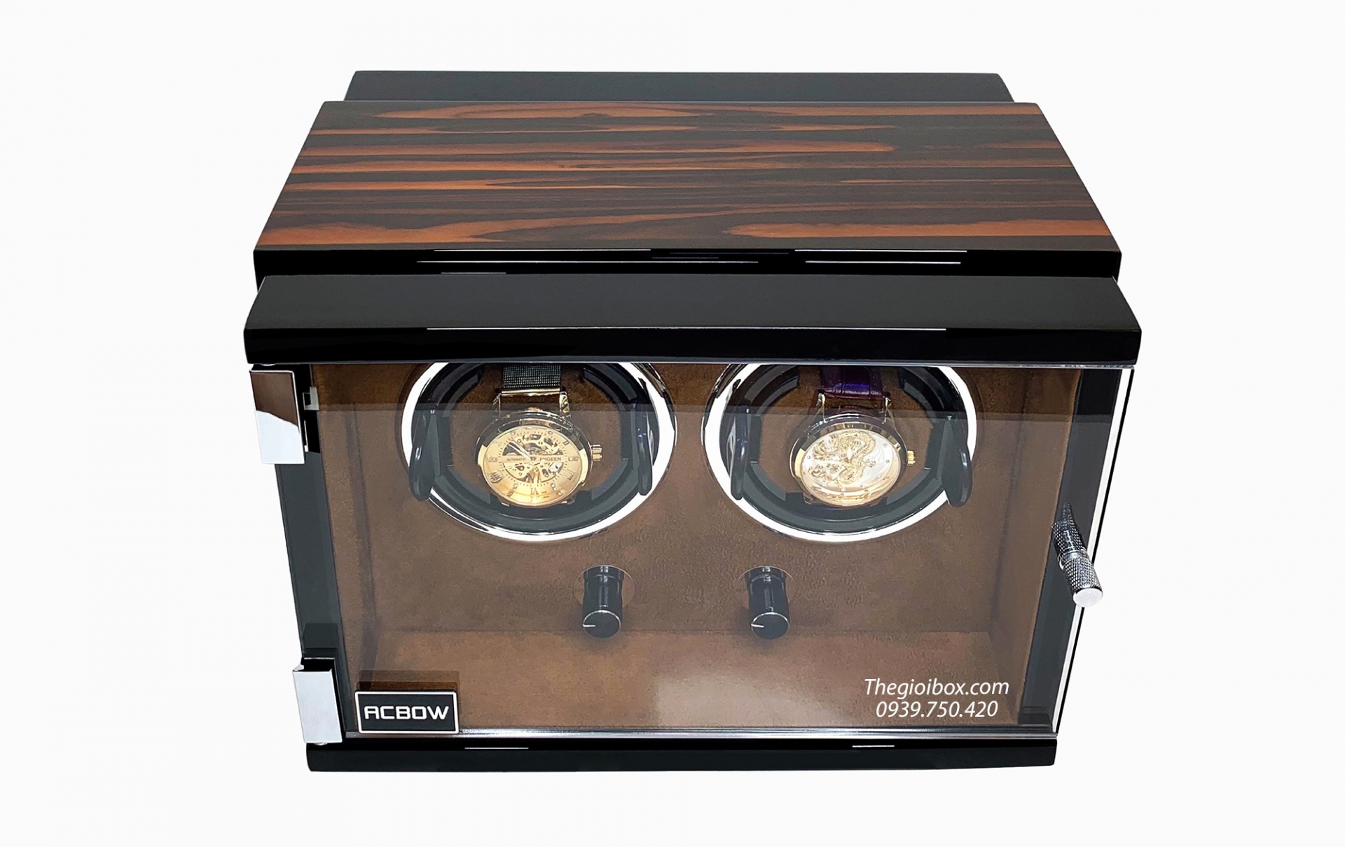 Tủ-Hộp xoay để đồng hồ cơ 2 ngăn ACBOW vỏ gỗ + lót nỉ nhung nâu + đèn LED