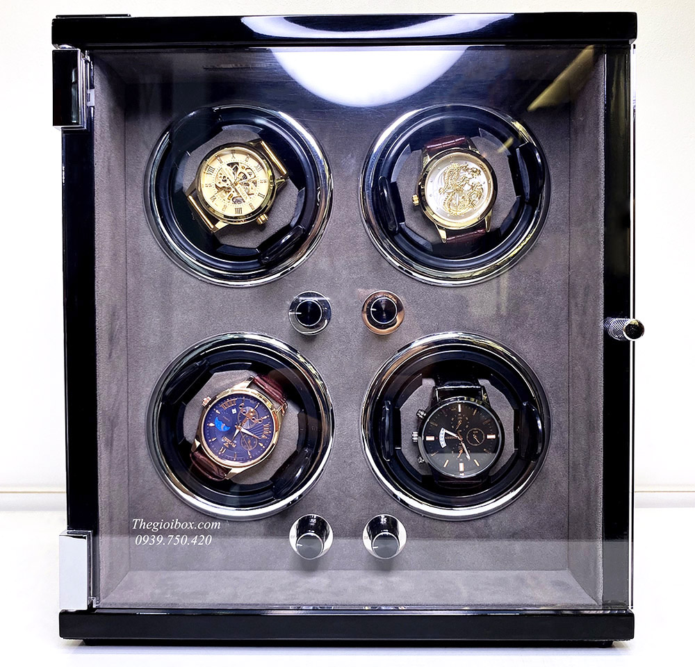 Tủ-Két đựng 4 đồng hồ cơ ACBOW vỏ đen nhung xám có đèn LED