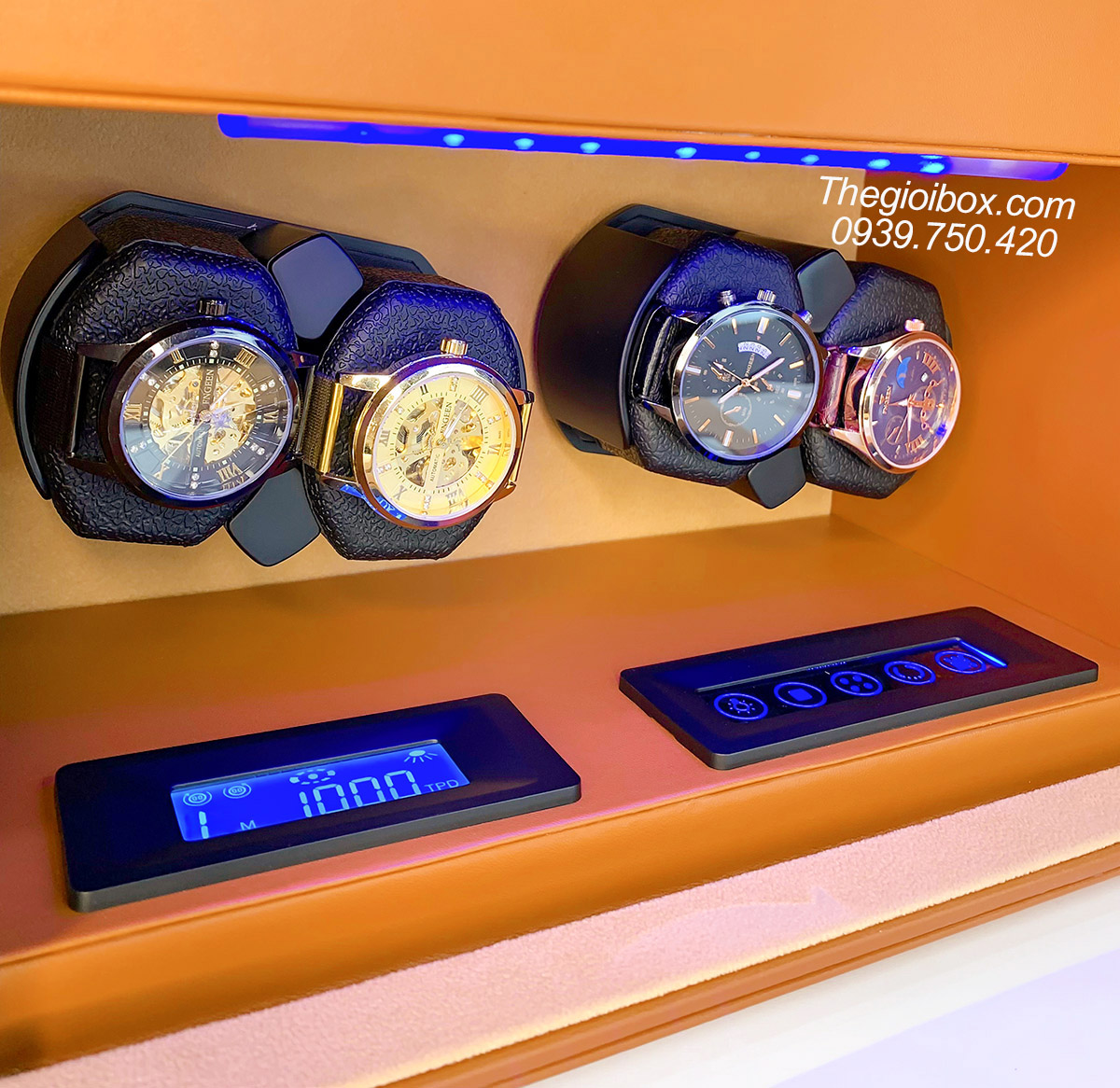 Tủ hộp lắc đồng hồ cơ ACBOW 4 xoay + 6 cố định + ngăn đựng trang sức kèm remote, màn hình cảm ứng và đèn LED cao cấp