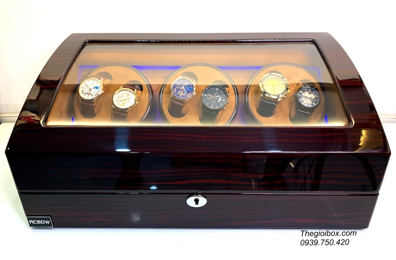 tủ hộp lắc đồng hồ cơ cao cấp 6 xoay - 7 tĩnh màu vân gỗ
