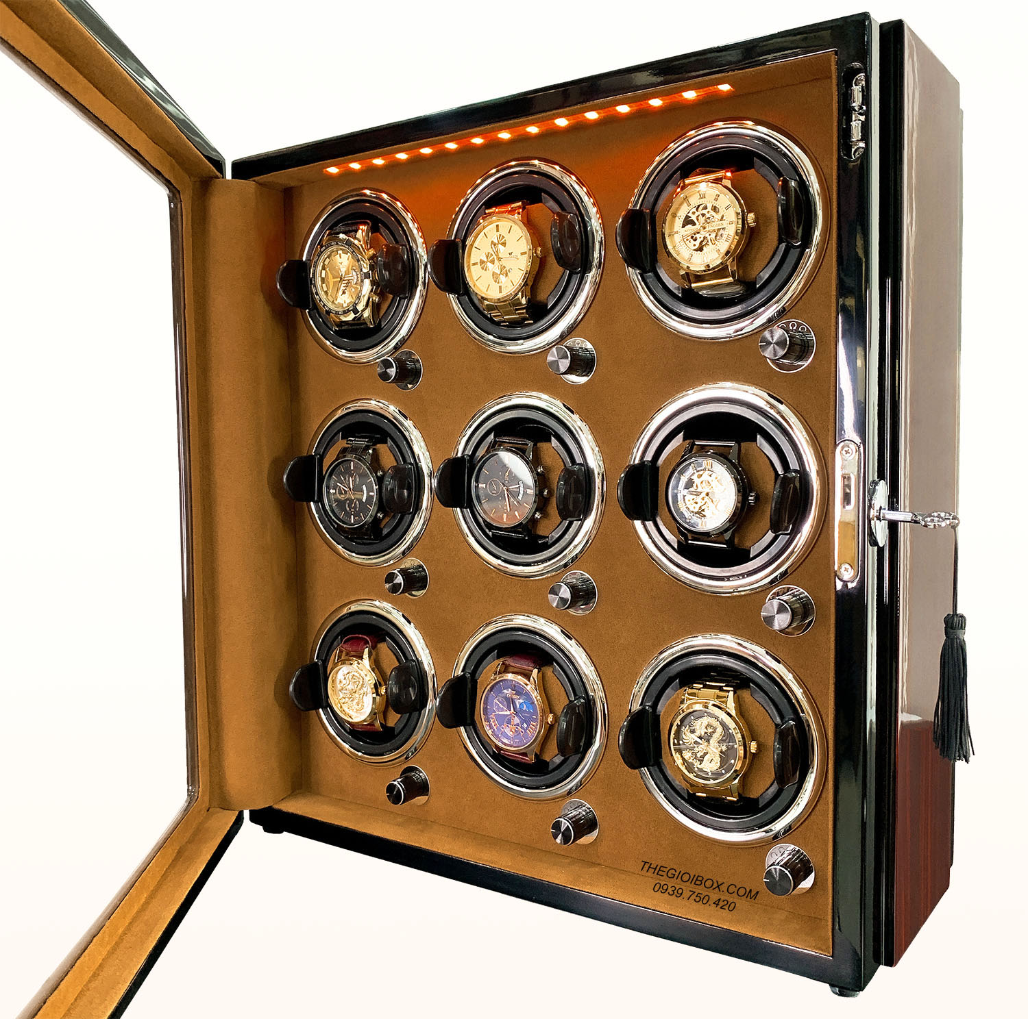 Tủ xoay đồng hồ cơ ACBOW 9 ngăn nội thất nỉ nhung nâu - vỏ gỗ - đèn LED - khóa an toàn