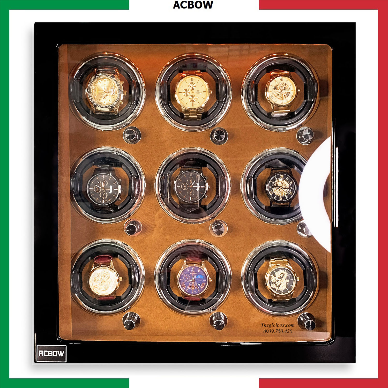 Tủ xoay đồng hồ cơ ACBOW 9 ngăn nội thất nỉ nhung nâu - vỏ gỗ - đèn LED - khóa an toàn