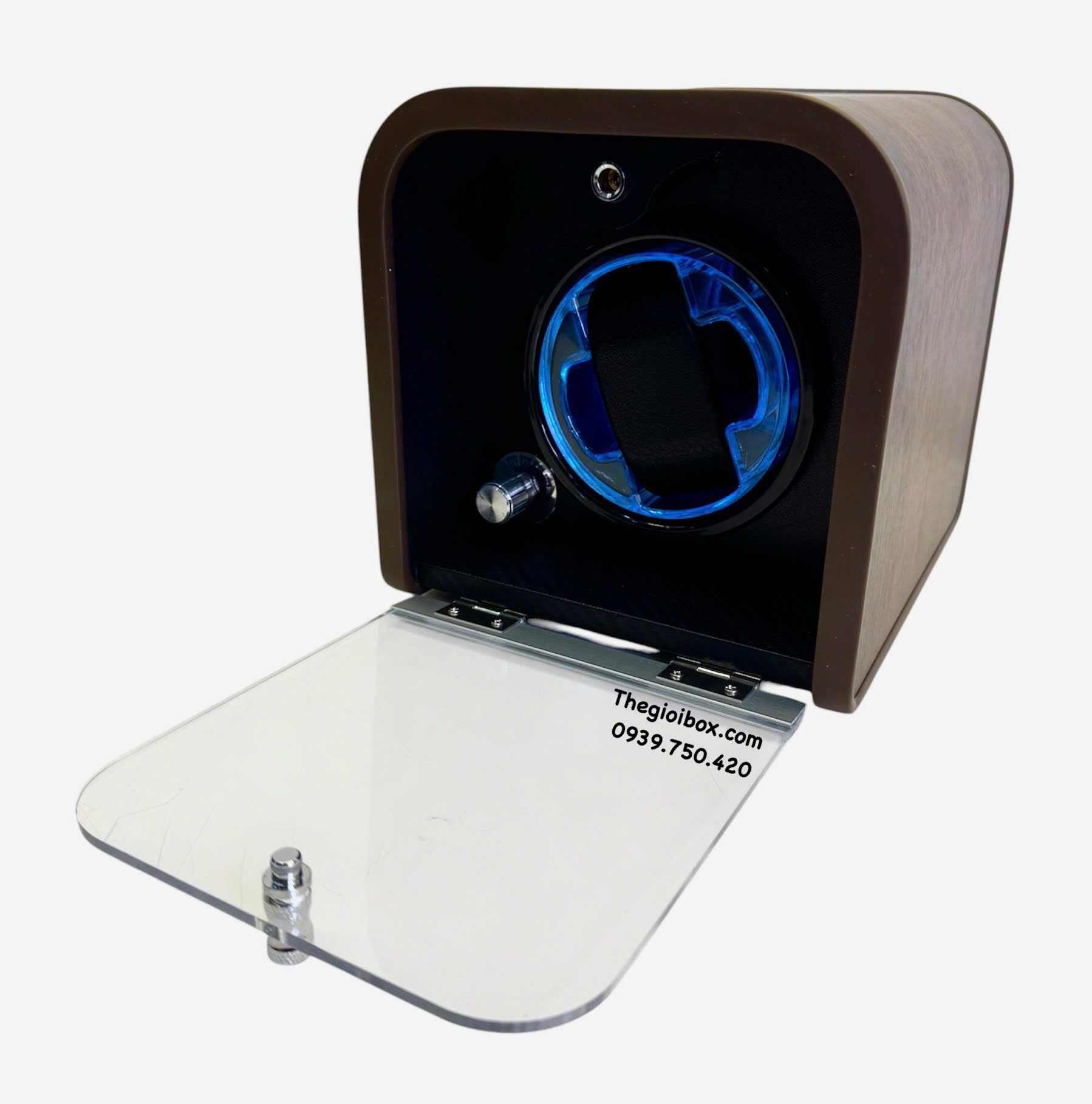 Hộp xoay đựng đồng hồ cơ 1 ngăn có đèn led và nắp kính acrylic trong suốt cao cấp