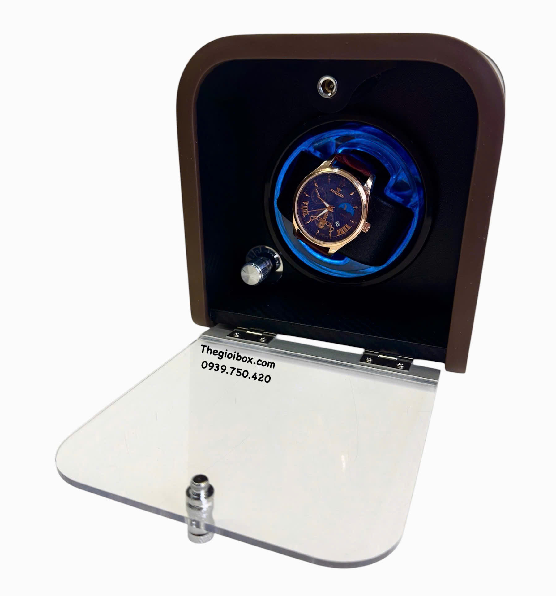 Hộp xoay đựng đồng hồ cơ 1 ngăn có đèn led và nắp kính acrylic trong suốt cao cấp