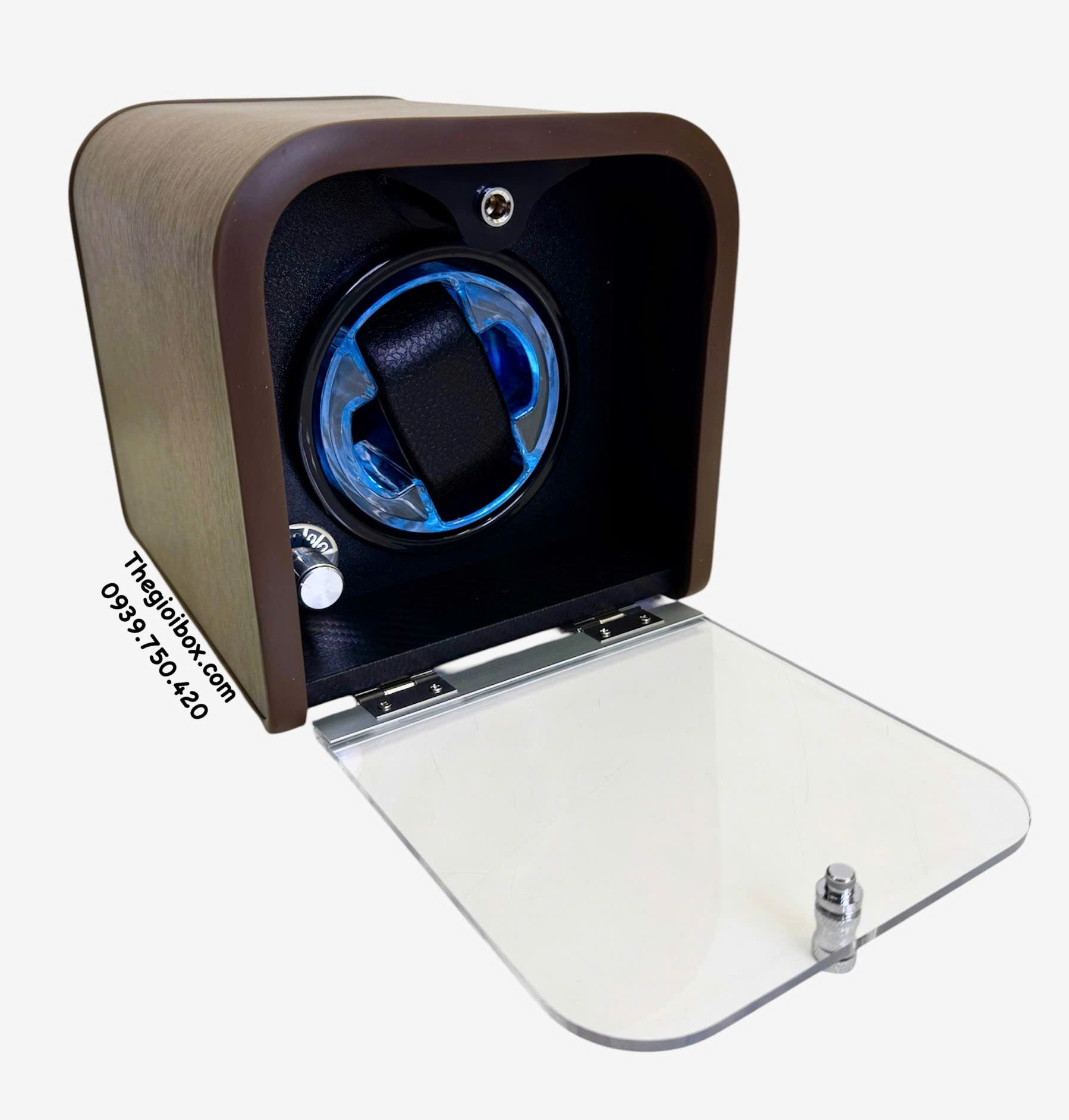 Hộp xoay đựng đồng hồ cơ 1 ngăn có đèn led và nắp kính acrylic trong suốt cao cấp