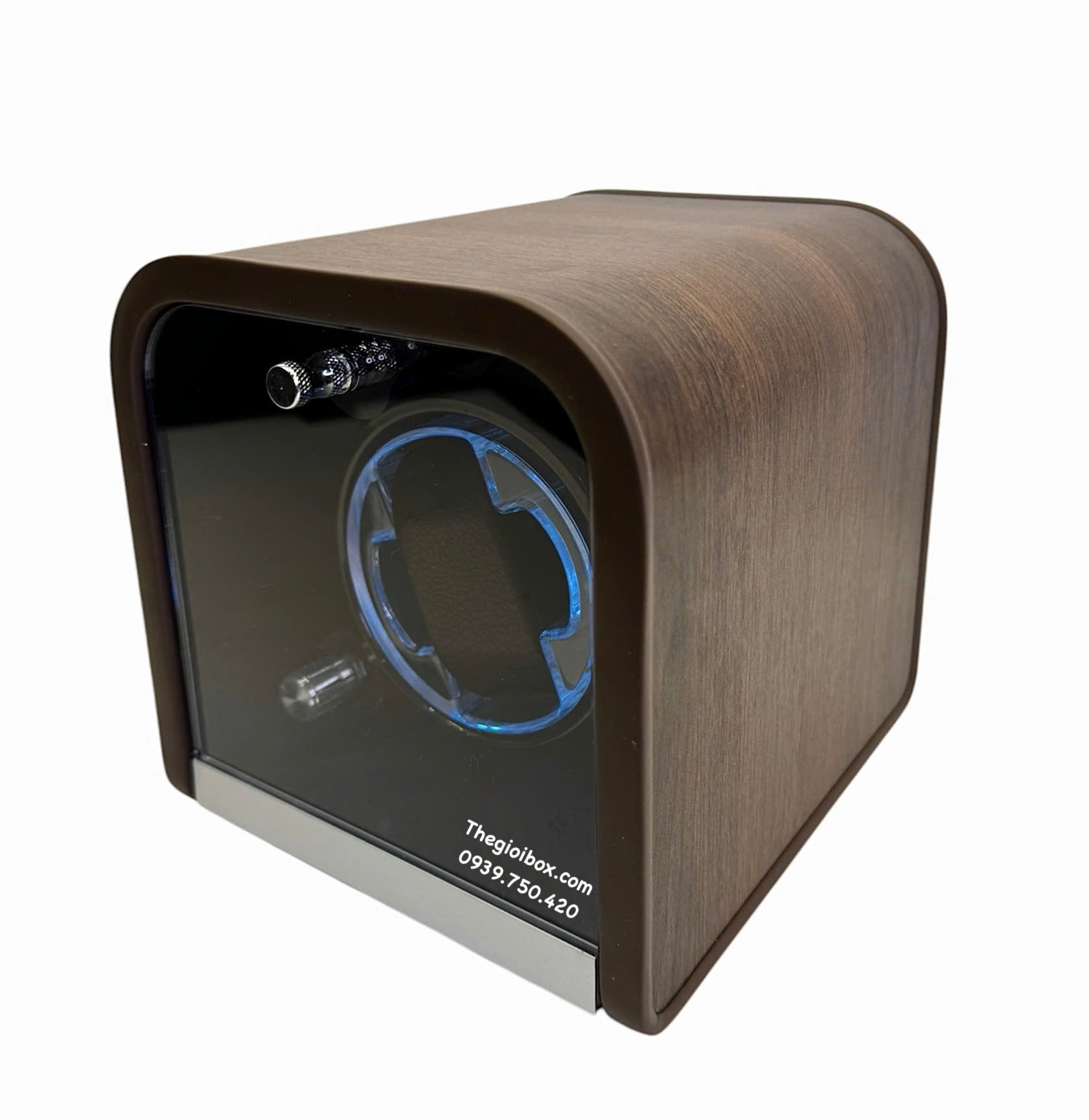 Hộp xoay đựng đồng hồ cơ 1 ngăn có đèn led và nắp kính acrylic trong suốt cao cấp