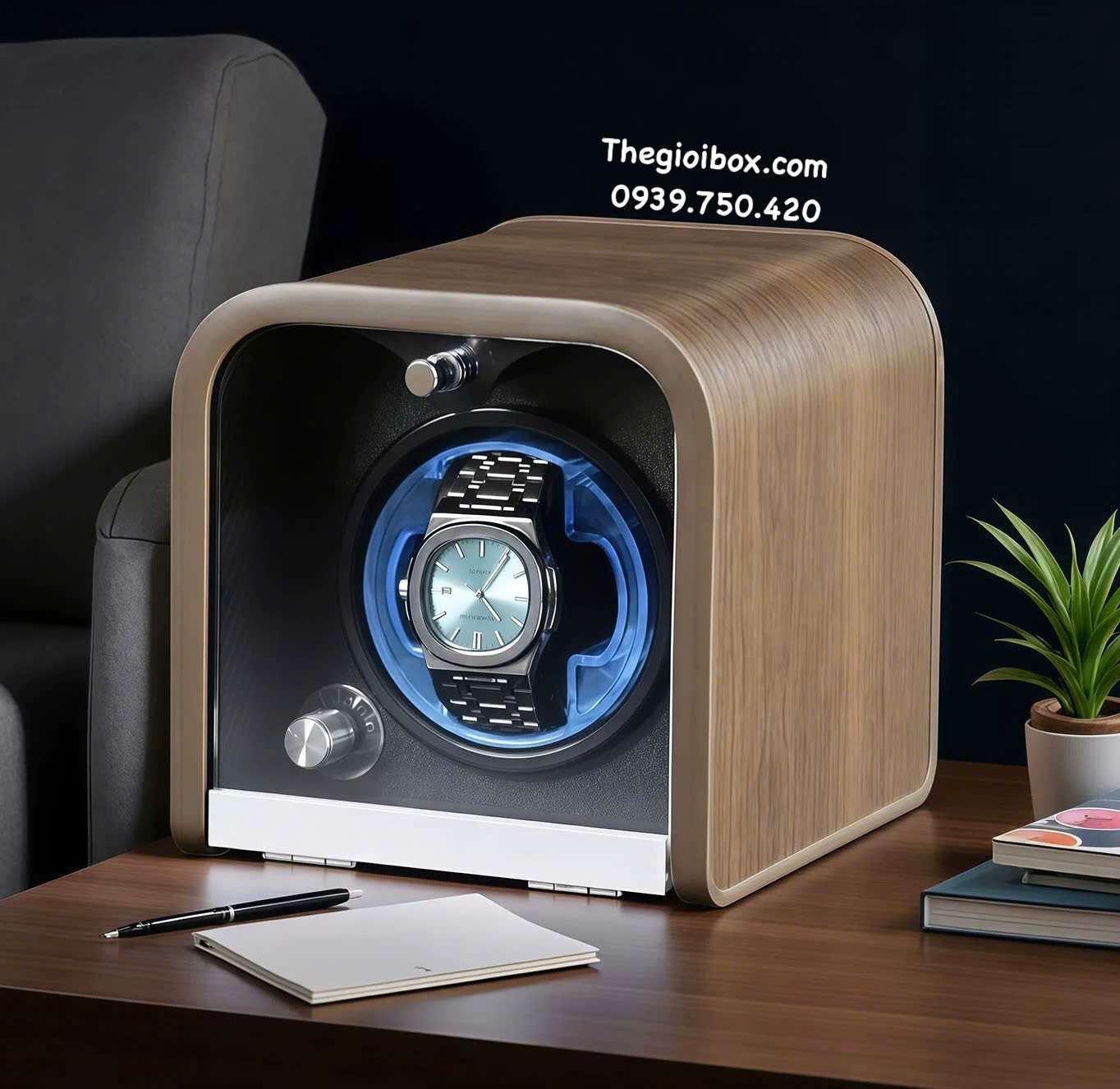 Hộp xoay đựng đồng hồ cơ 1 ngăn có đèn led và nắp kính acrylic trong suốt cao cấp