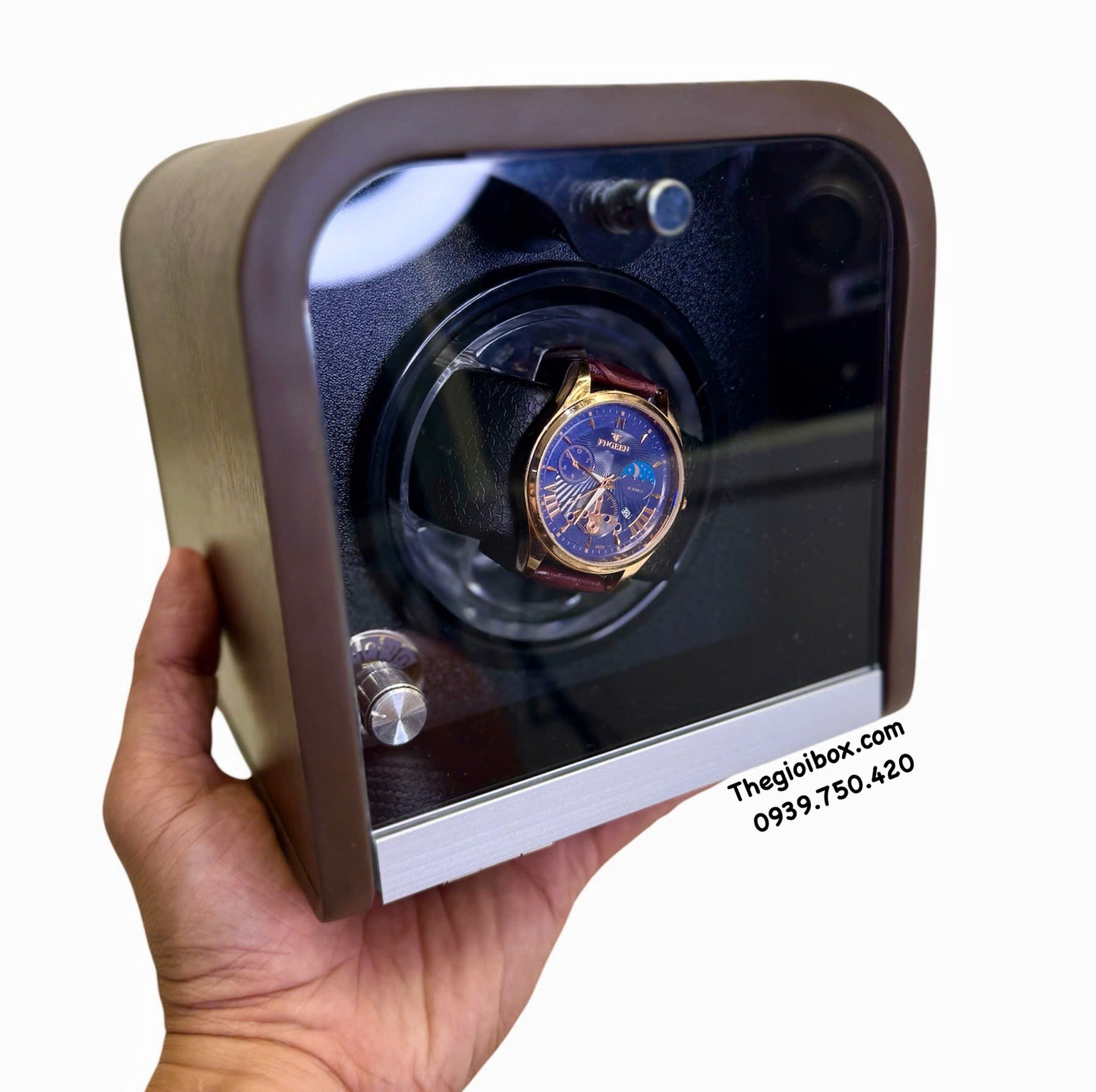 Hộp xoay đựng đồng hồ cơ 1 ngăn có đèn led và nắp kính acrylic trong suốt cao cấp