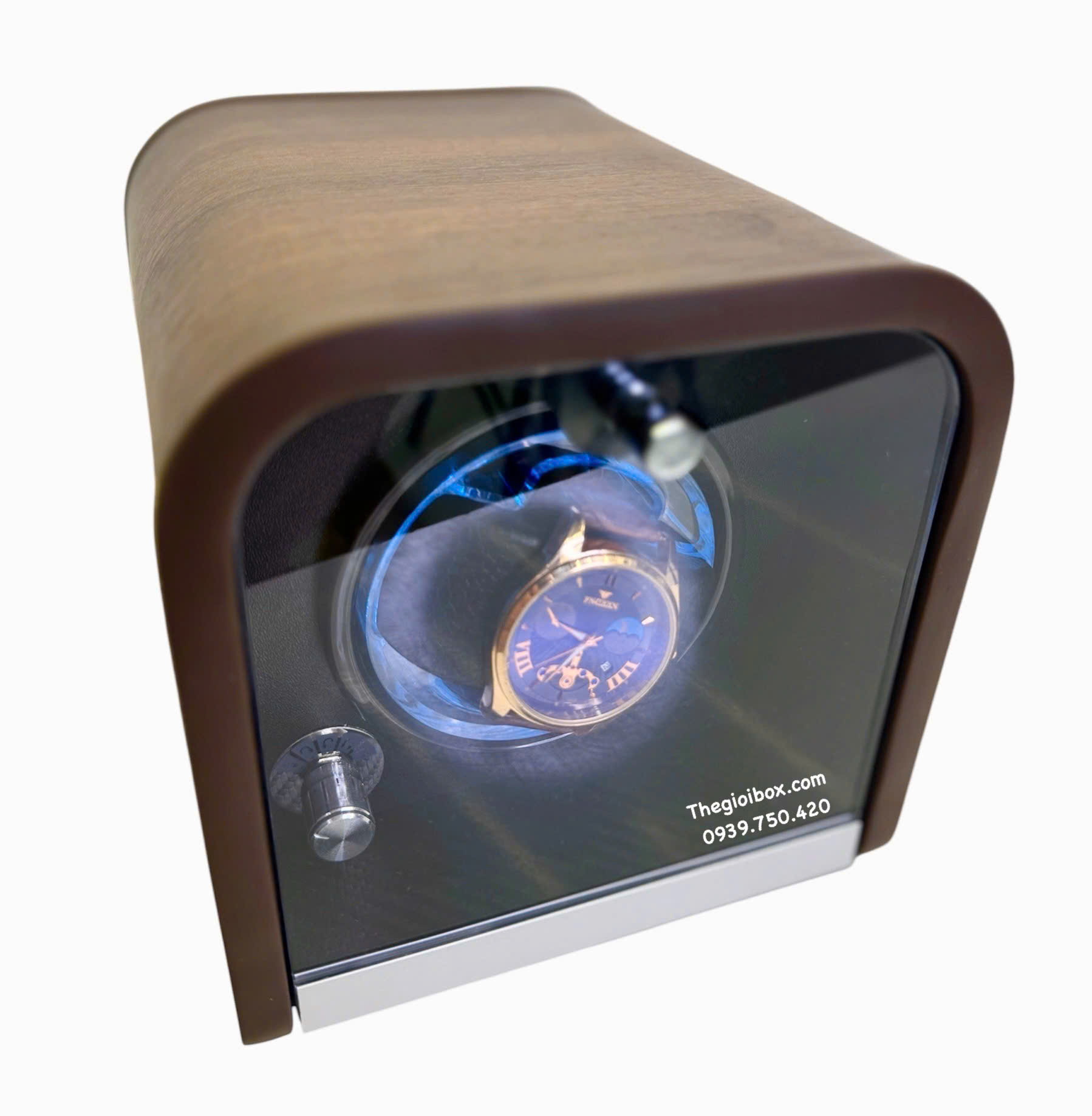 Hộp xoay đựng đồng hồ cơ 1 ngăn có đèn led và nắp kính acrylic trong suốt cao cấp