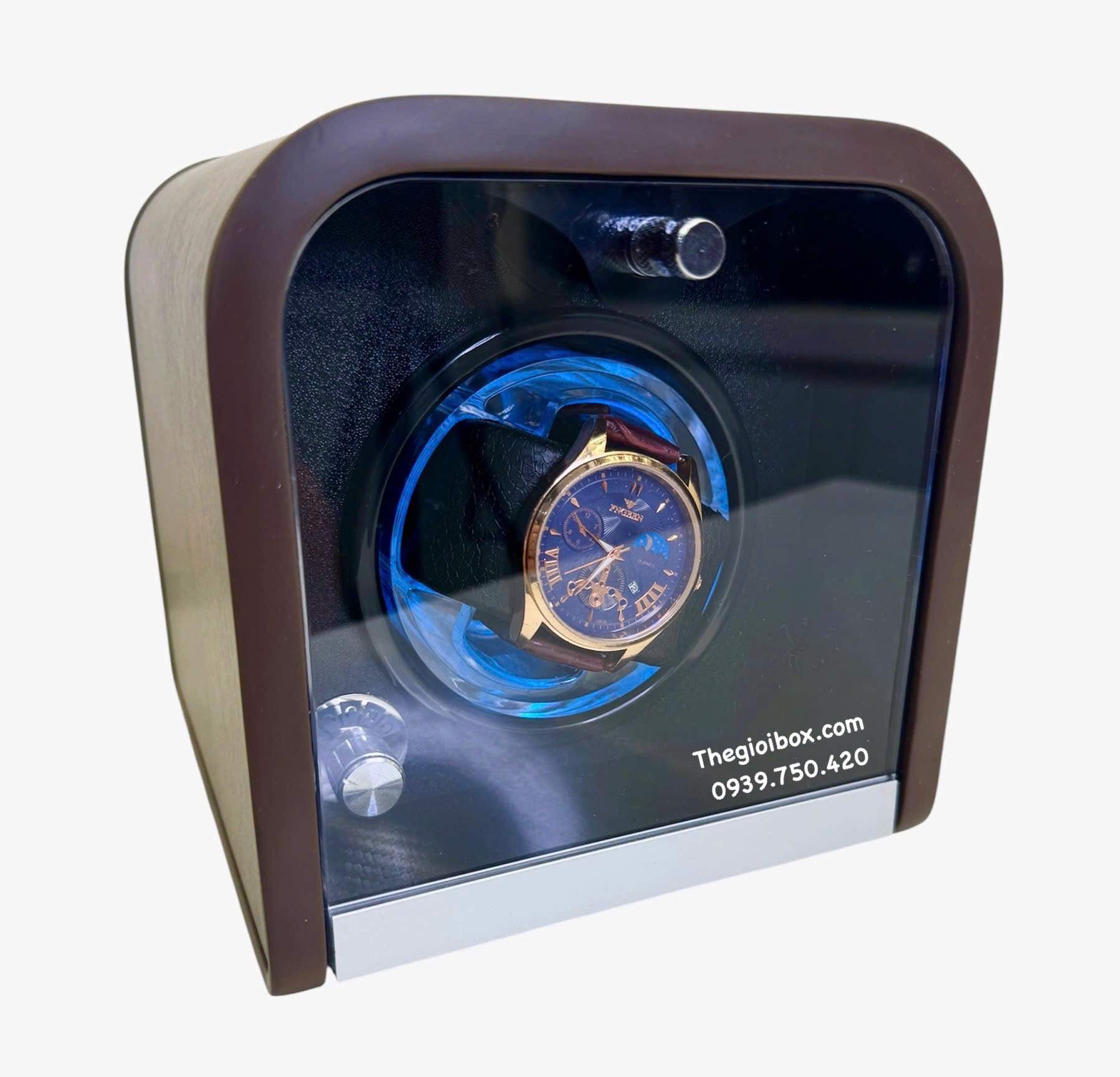 Hộp xoay đựng đồng hồ cơ 1 ngăn có đèn led và nắp kính acrylic trong suốt cao cấp