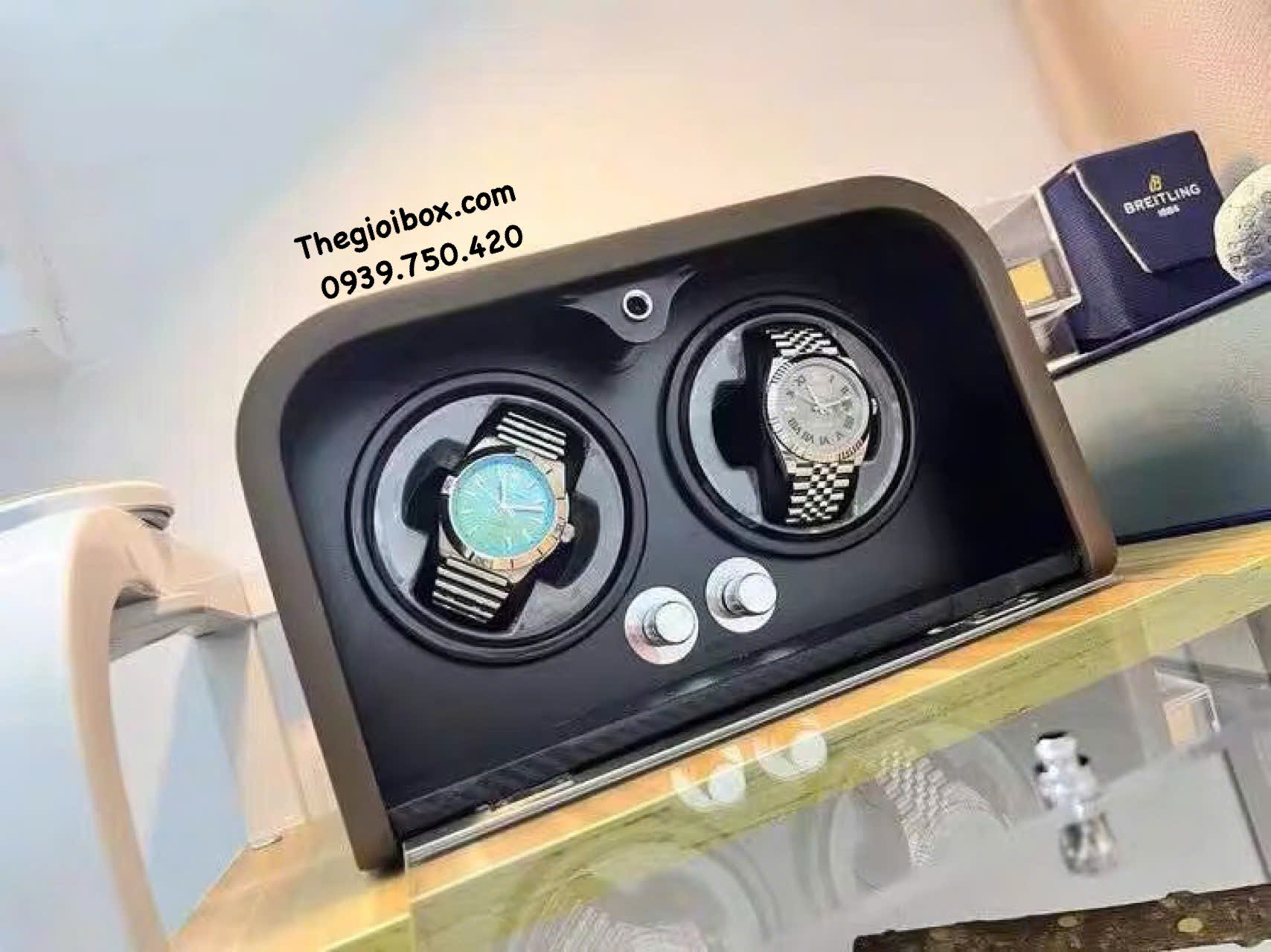 Hộp Xoay Lên Cót Đồng Hồ Cơ 2 Ngăn Vỏ Vân Gỗ Cao Cấp Sang Trong Có Đèn LED