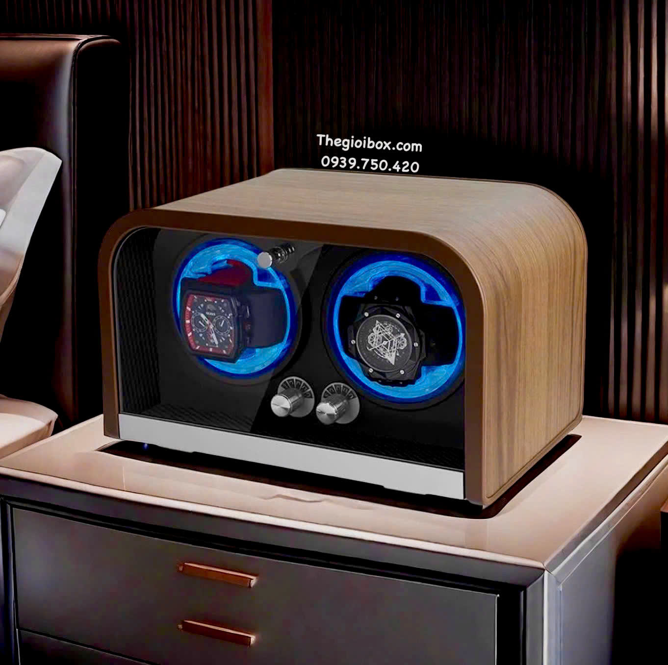 Hộp Xoay Lên Cót Đồng Hồ Cơ 2 Ngăn Vỏ Vân Gỗ Cao Cấp Sang Trong Có Đèn LED