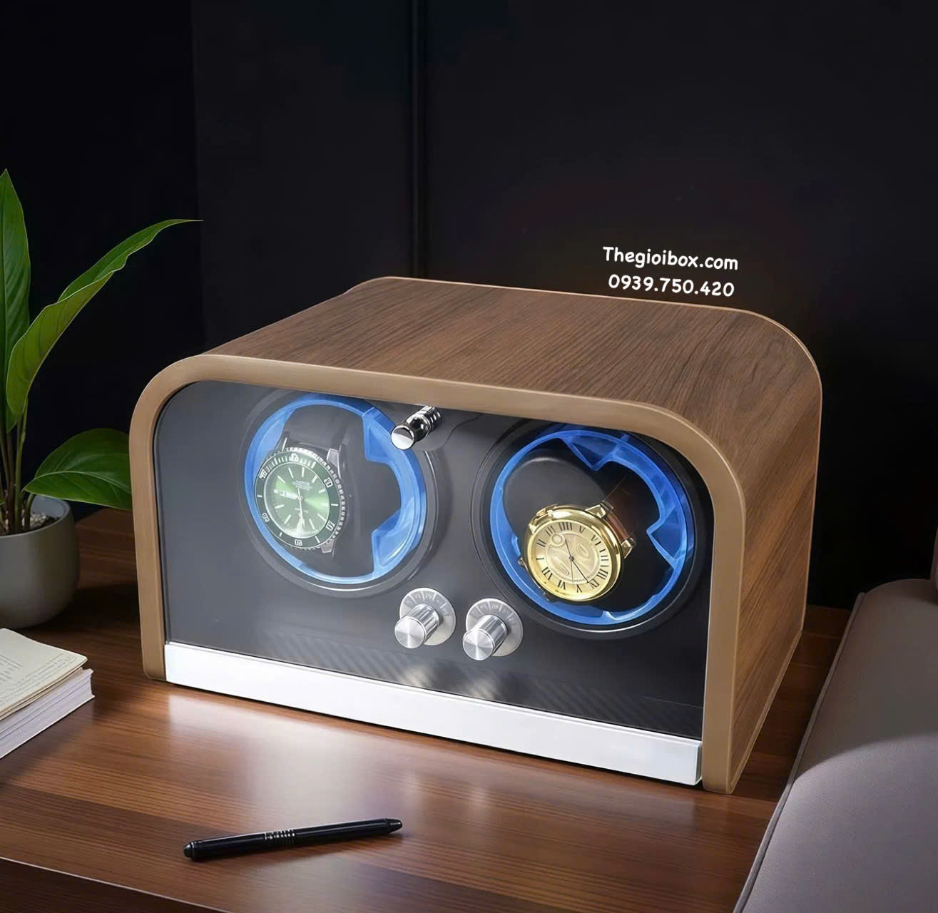 Hộp Xoay Lên Cót Đồng Hồ Cơ 2 Ngăn Vỏ Vân Gỗ Cao Cấp Sang Trong Có Đèn LED