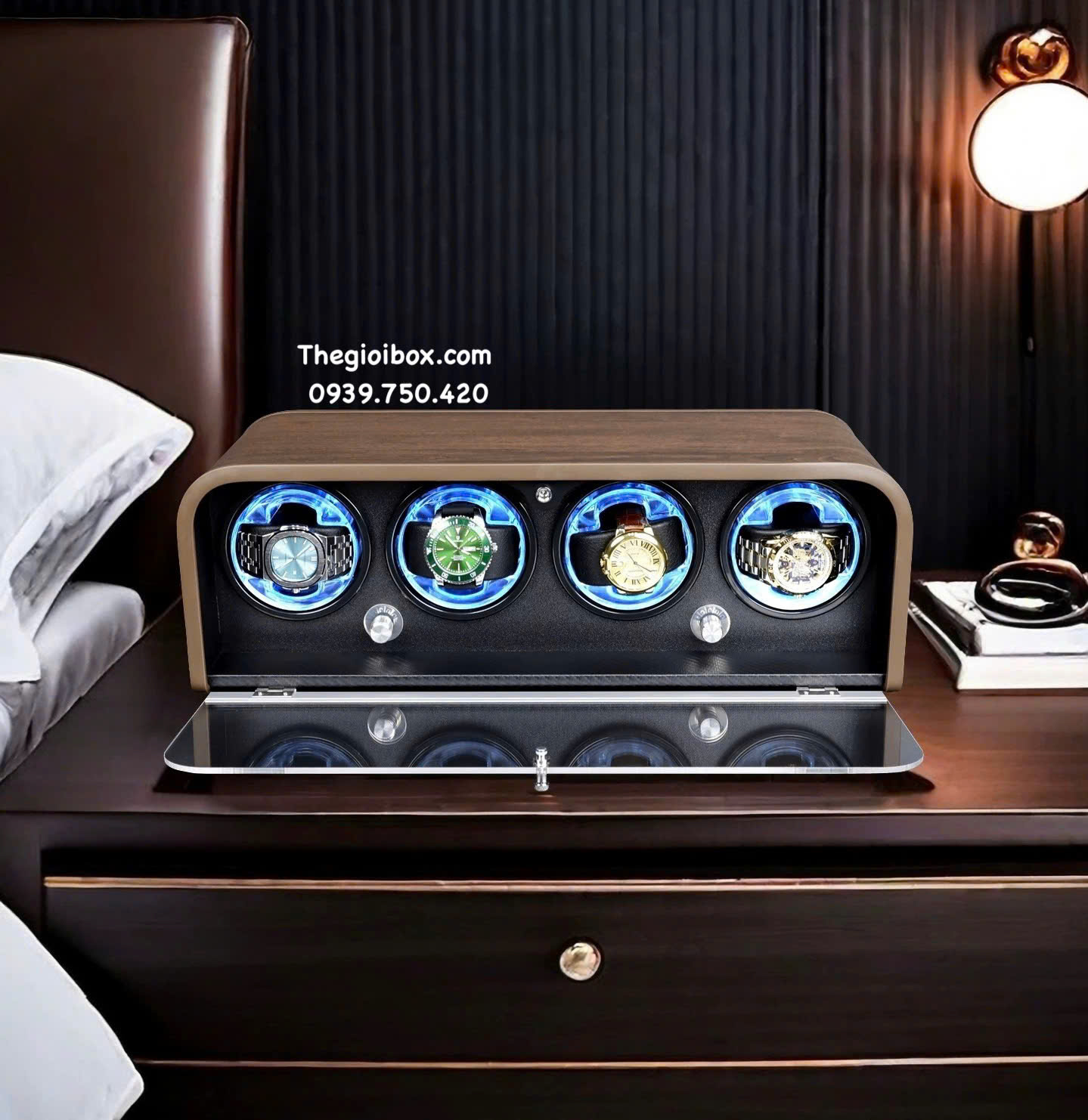 hộp xoay đựng đồng hồ có 4 ngăn nắp kính có đèn led kiểu dáng mái vòm bo cong