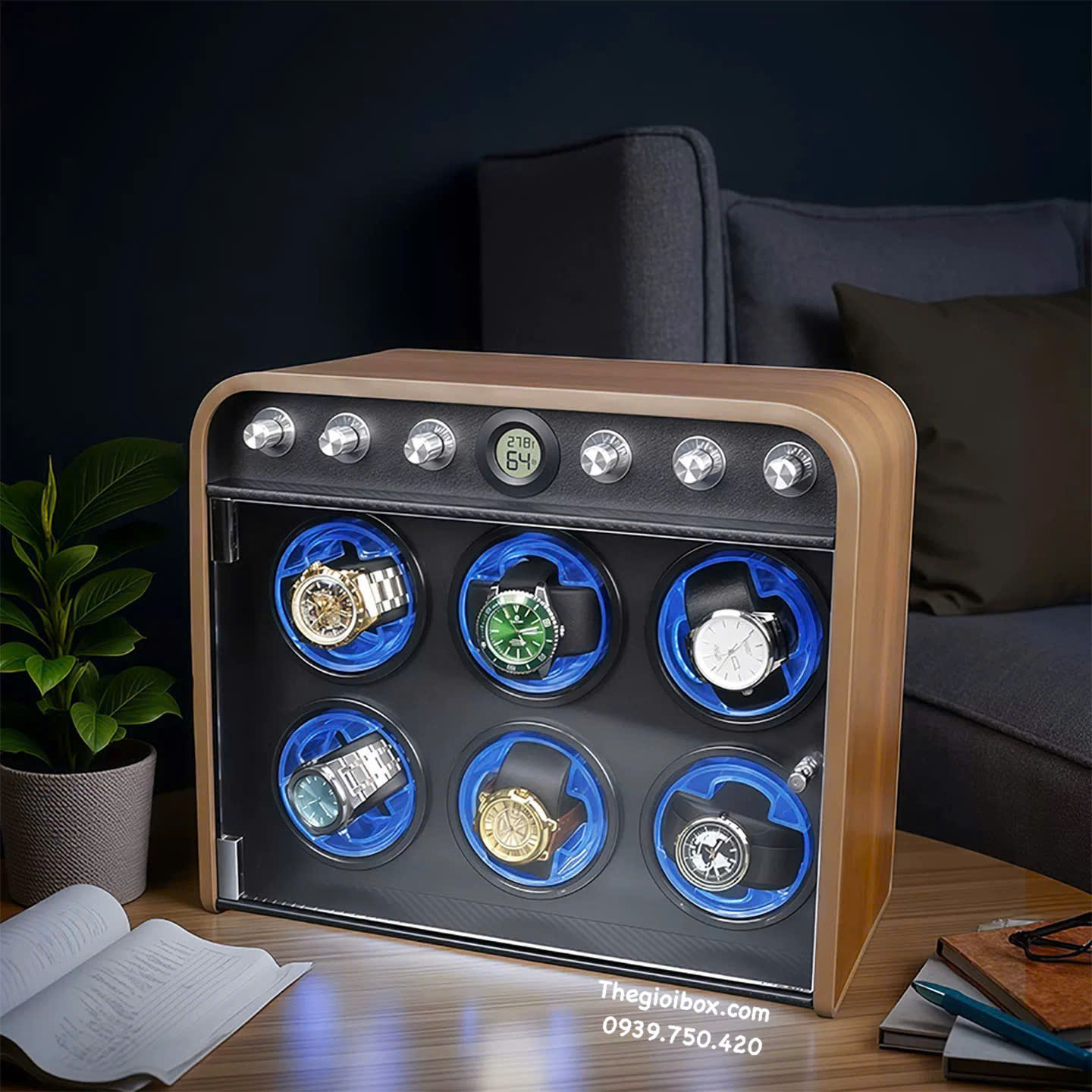 tủ hộp xoay đồng hồ cơ 6 ngăn vỏ màu vân gỗ có đèn led cao cấp