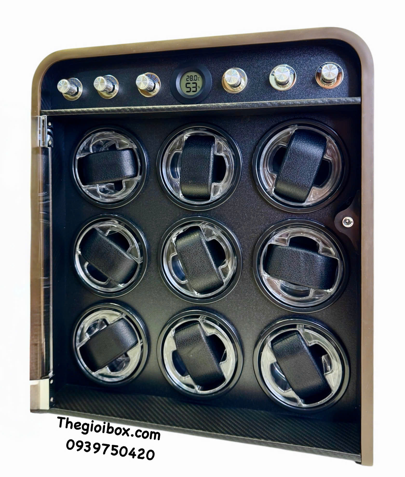 Tủ hộp xoay đựng đồng hồ cơ 9 ngăn trữ tích cót đồng hồ tự động cạnh tủ bo cong cao cấp sang trọng