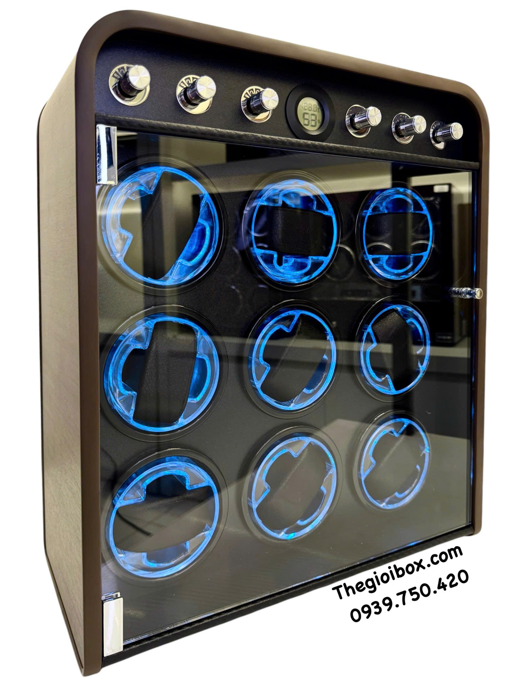 Tủ hộp xoay đựng đồng hồ cơ 9 ngăn trữ tích cót đồng hồ tự động cạnh tủ bo cong cao cấp sang trọng