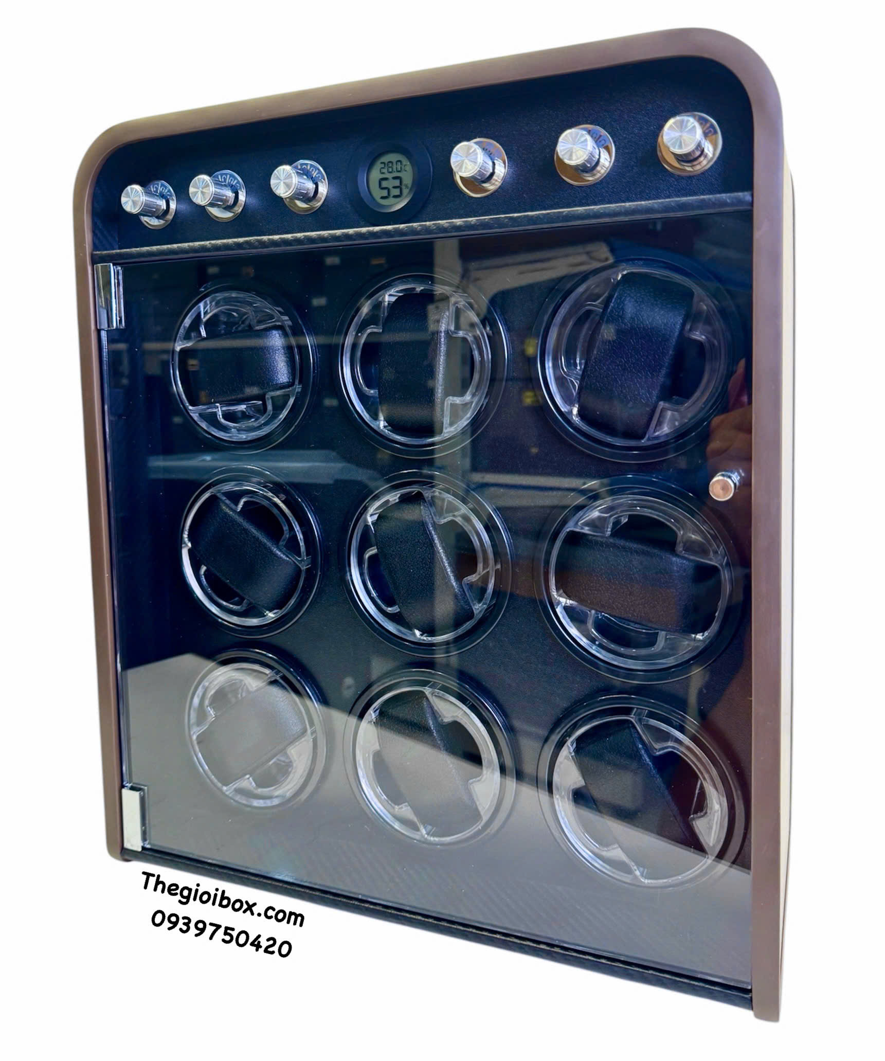 Tủ hộp xoay đựng đồng hồ cơ 9 ngăn trữ tích cót đồng hồ tự động cạnh tủ bo cong cao cấp sang trọng