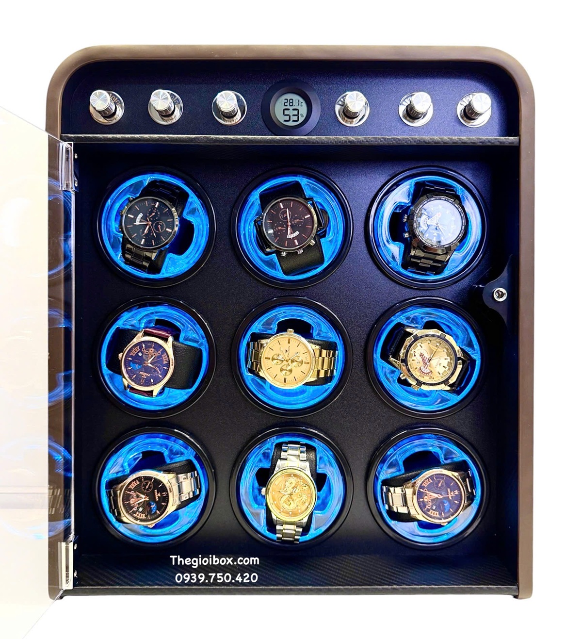Tủ hộp xoay đựng đồng hồ cơ 9 ngăn trữ tích cót đồng hồ tự động cạnh tủ bo cong cao cấp sang trọng