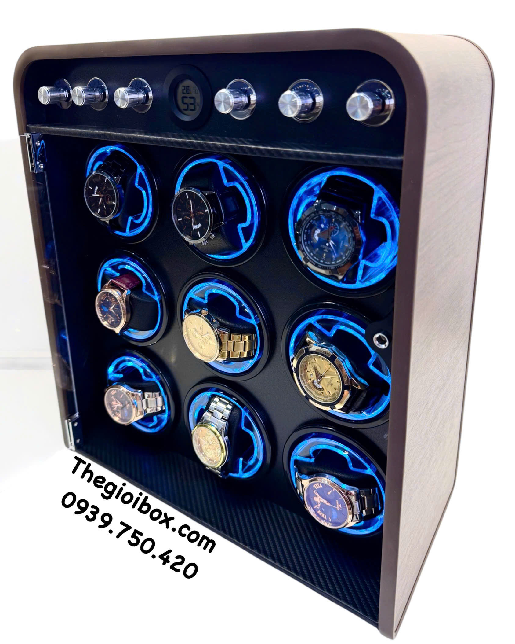 Tủ hộp xoay đựng đồng hồ cơ 9 ngăn trữ tích cót đồng hồ tự động cạnh tủ bo cong cao cấp sang trọng