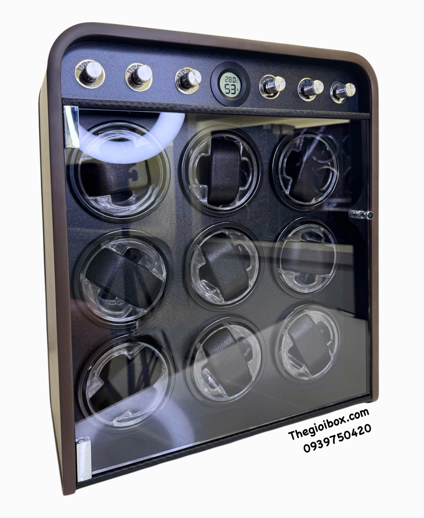 Tủ hộp xoay đựng đồng hồ cơ 9 ngăn trữ tích cót đồng hồ tự động cạnh tủ bo cong cao cấp sang trọng