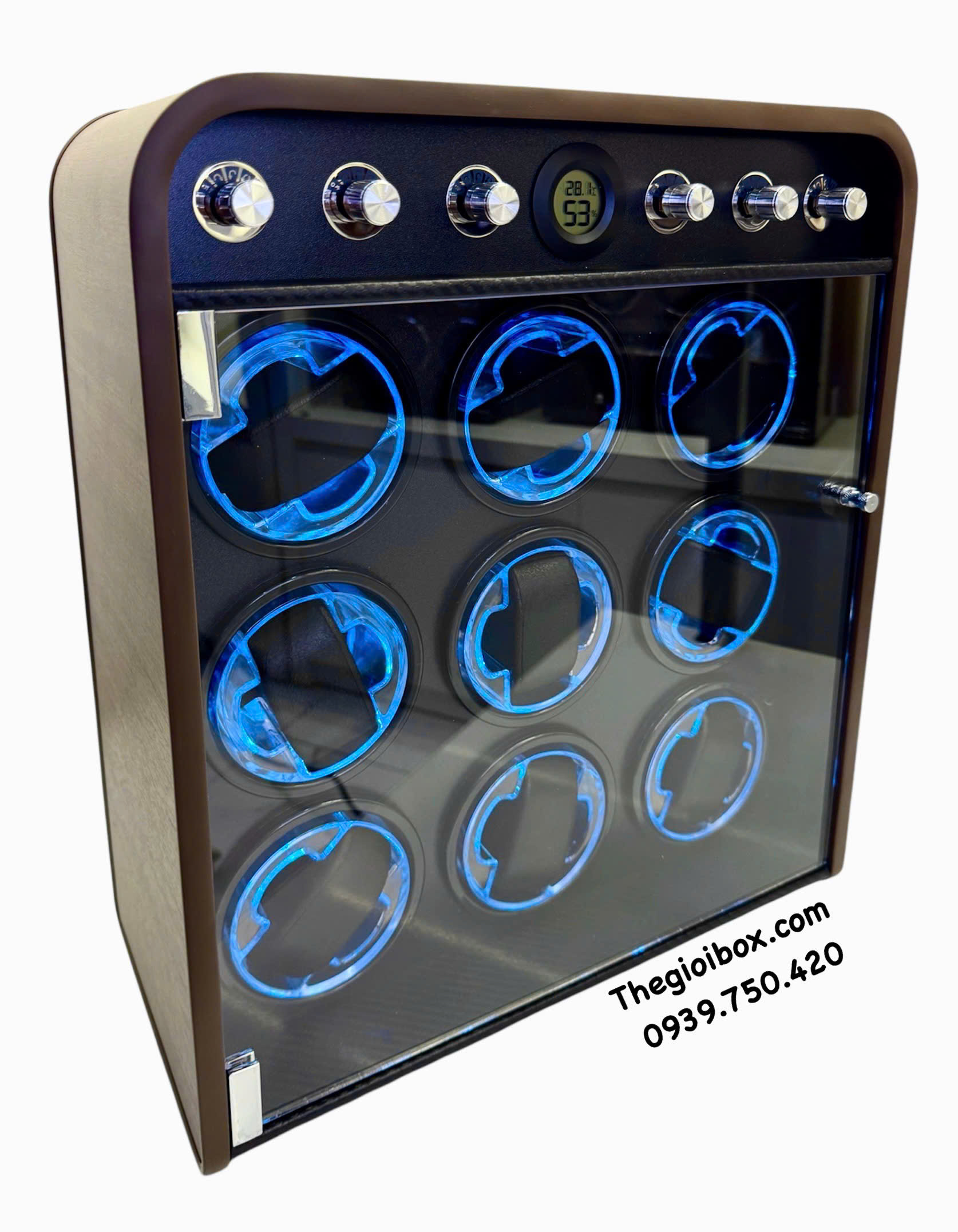 Tủ hộp xoay đựng đồng hồ cơ 9 ngăn trữ tích cót đồng hồ tự động cạnh tủ bo cong cao cấp sang trọng