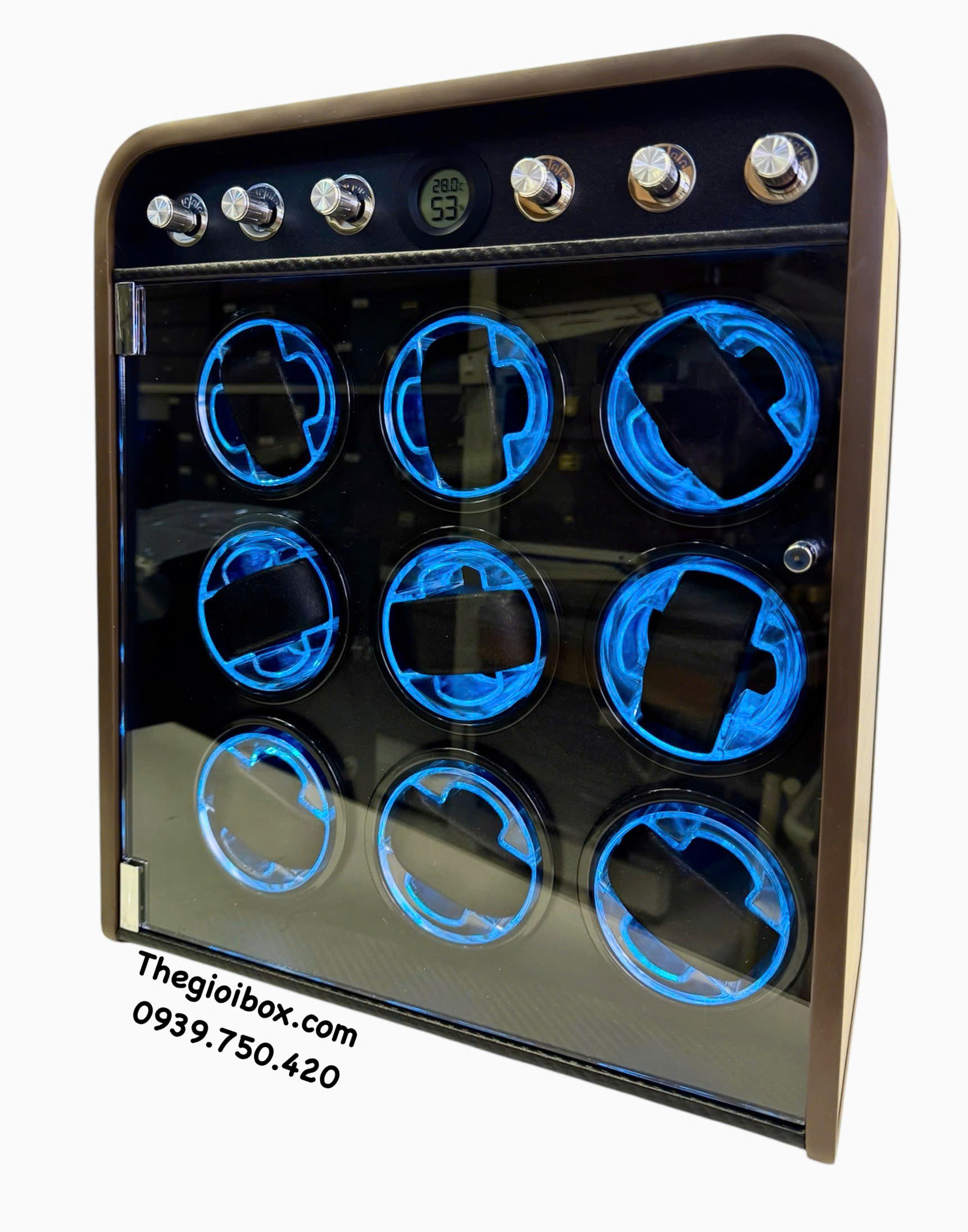Tủ hộp xoay đựng đồng hồ cơ 9 ngăn trữ tích cót đồng hồ tự động cạnh tủ bo cong cao cấp sang trọng