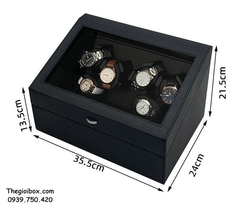 hộp tủ để đồng hồ cơ 6 quay 6 tĩnh có đèn LED gối đeo cao su cao cấp