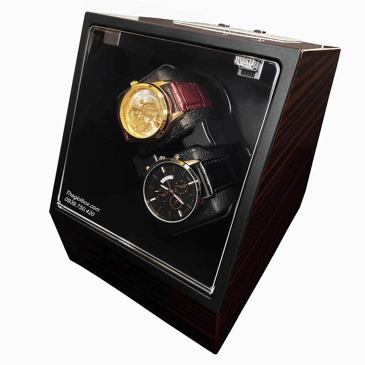 hộp đựng đồng hồ cơ 2 ngăn xoay vỏ gỗ nâu nắp kính nghiêng 45 độ giá rẻ