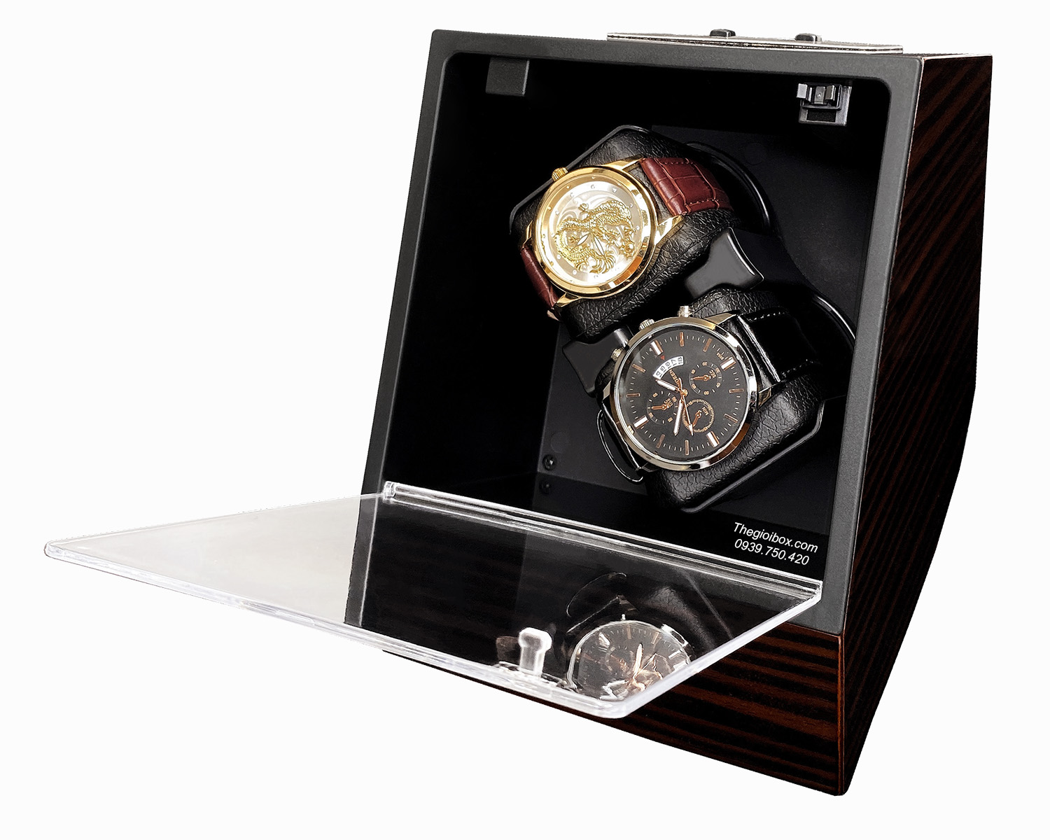 hộp đựng đồng hồ cơ 2 ngăn xoay vỏ gỗ nâu nắp kính nghiêng 45 độ giá rẻ