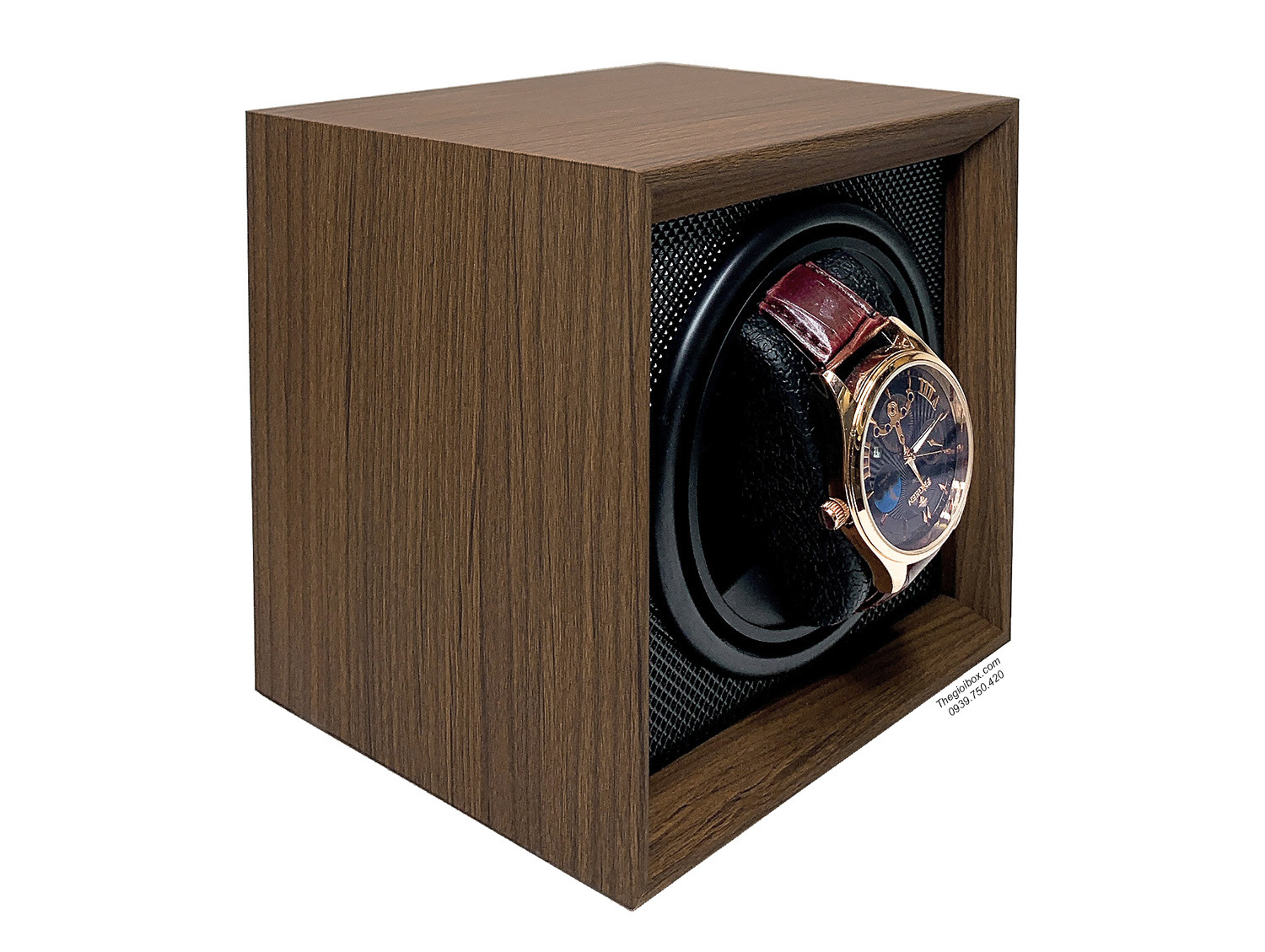 Hộp đựng đồng hồ cơ 1 ngăn xoay không nắp - vỏ gỗ - nội thất nhựa đen - mini - giá rẻ