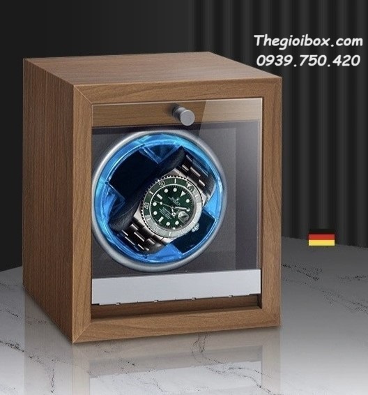 hộp xoay đồng hồ cơ 1 ngăn vỏ gỗ có đèn led và nắp kính chống bụi cao cấp
